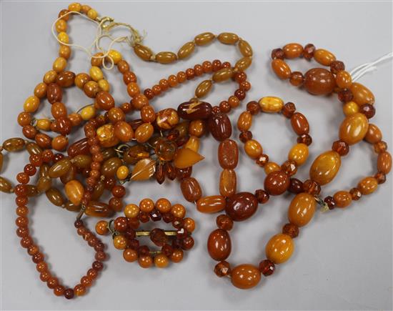 A mixed group of assorted necklaces including amber and two brooches.